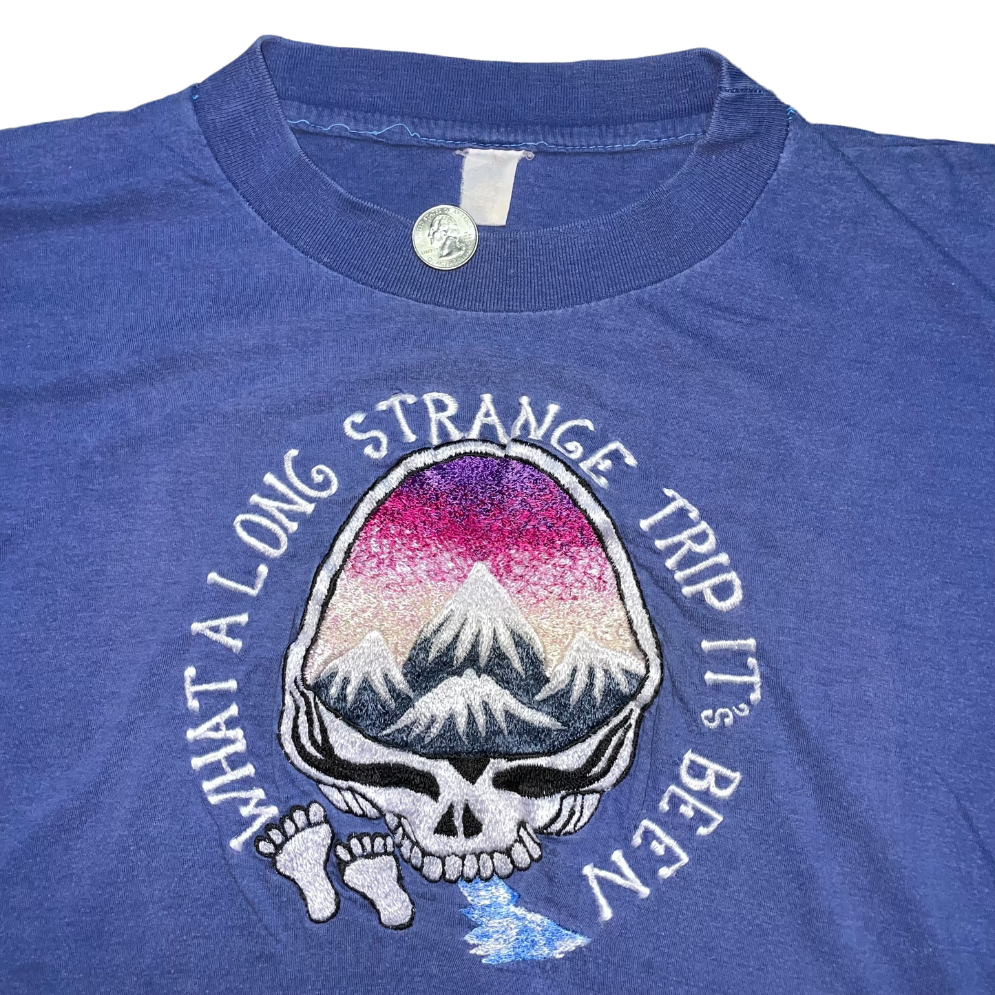 1980s Grateful Dead What a Long Strange Trip It's Been Hand Embroidered Blue Graphic Tee